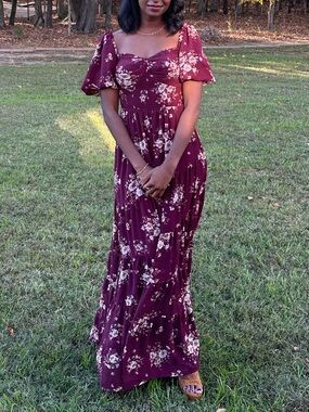 Altar'd State Burgundy Floral Puff-Sleeve Maxi Dress